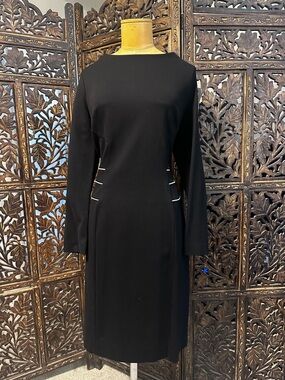 Black Long-Sleeve Sheath Dress with Side and Back Piping Detail Size 14